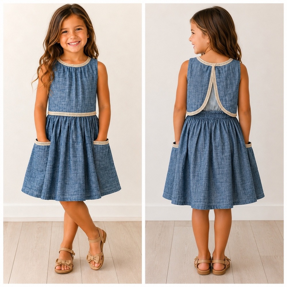 Vignette Nina Blue Cotton Chambray Lace Trim Dress Kids Boho Cottagecore Size 6